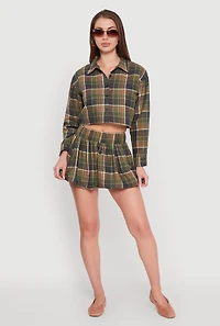 Womens High Waisted Plaid Flannel Mini Skater Skirt, Green, Size M
