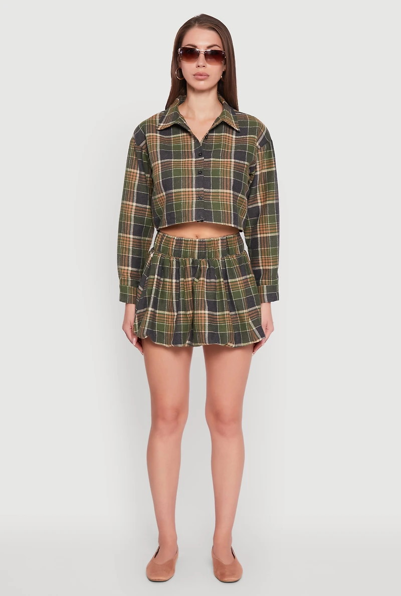 Womens High Waisted Plaid Flannel Mini Skater Skirt, Green, Size M