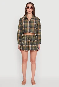 Womens High Waisted Plaid Flannel Mini Skater Skirt, Green, Size M