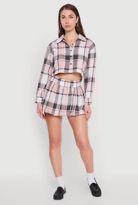 Womens High Waisted Plaid Flannel Mini Skater Skirt, Pink, Size M