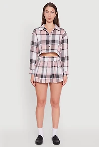 Womens High Waisted Plaid Flannel Mini Skater Skirt, Pink, Size M