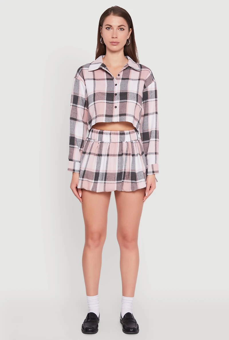 Womens High Waisted Plaid Flannel Mini Skater Skirt, Pink, Size S