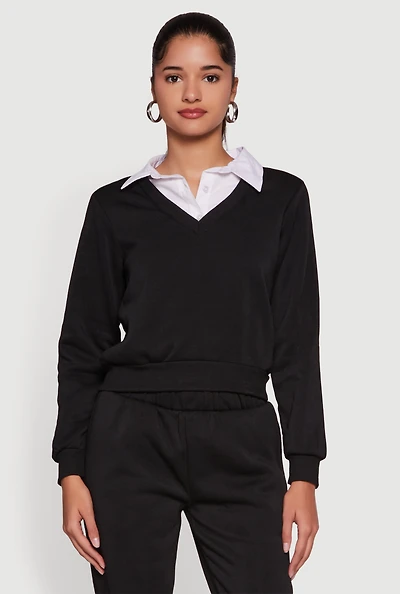 Womens Color Block Layered Look Sweatshirt, Black, Size XL