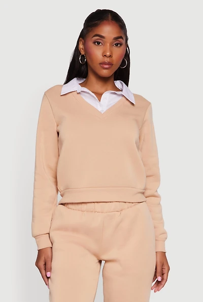 Womens Color Block Layered Look Sweatshirt, Beige,