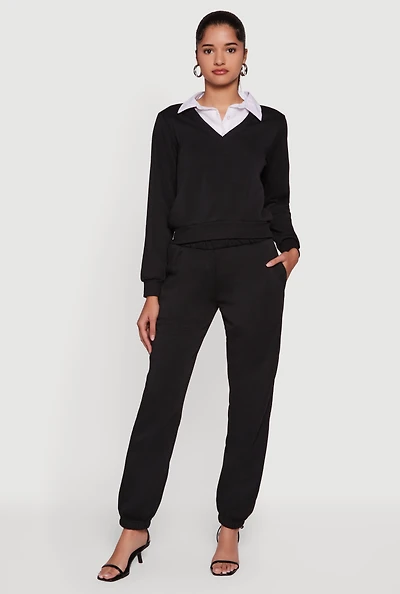 Womens Fleece Contrast Waistband Pants, Black, Size L