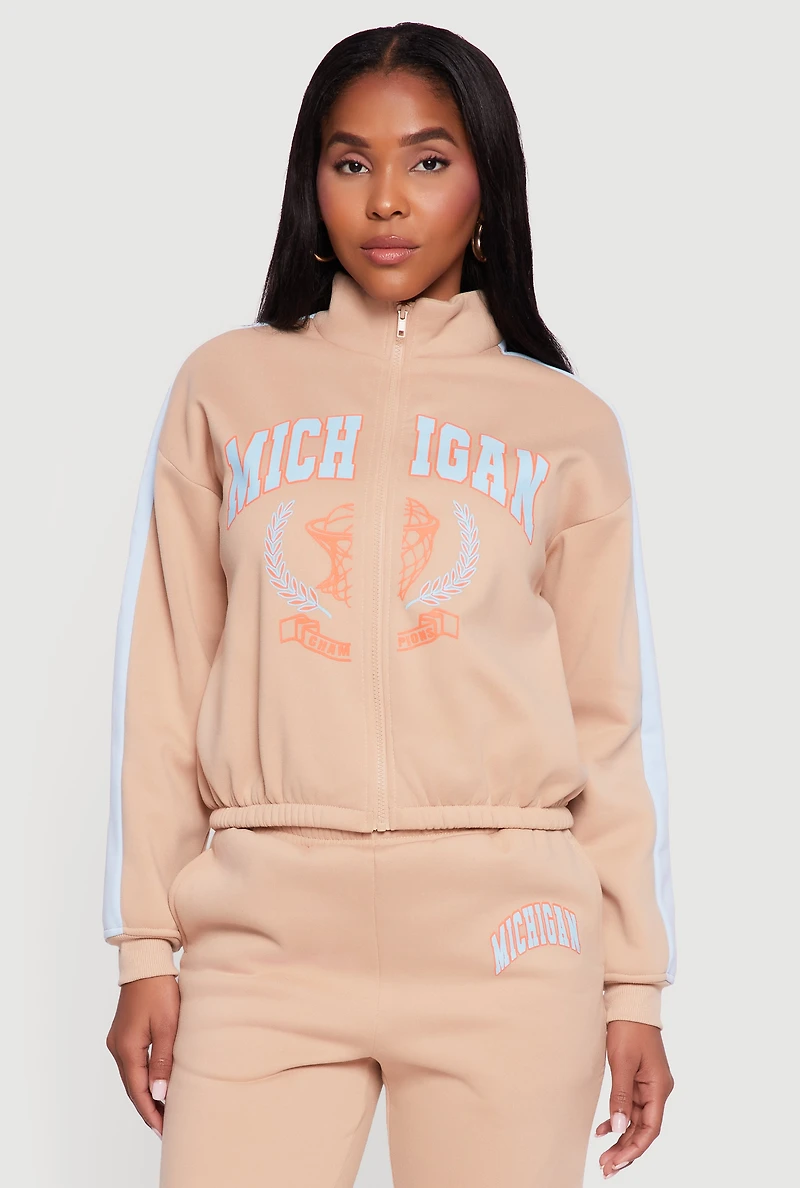 Womens Side Stripe Zip Front Graphic Sweatshirt, Beige, Size S