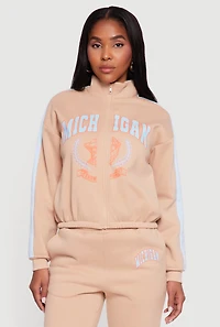 Womens Side Stripe Zip Front Graphic Sweatshirt, Beige, Size S