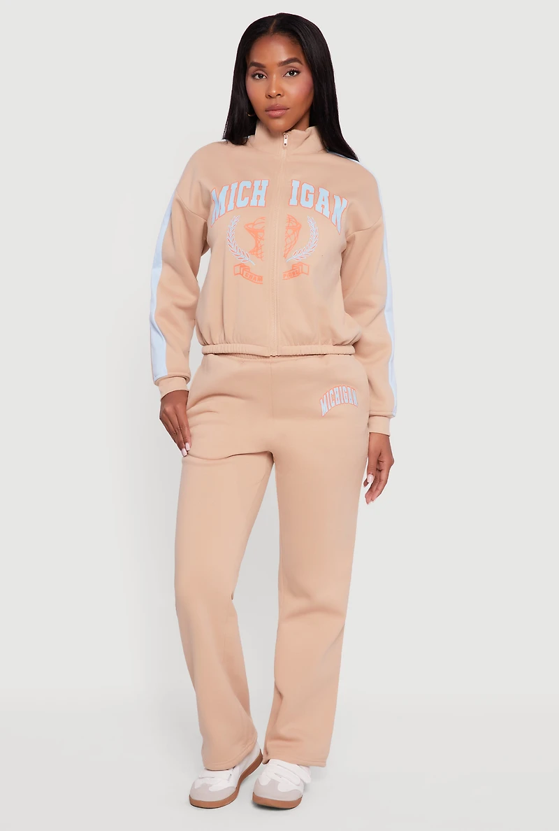 Womens Side Stripe Zip Front Graphic Sweatshirt, Beige, Size S