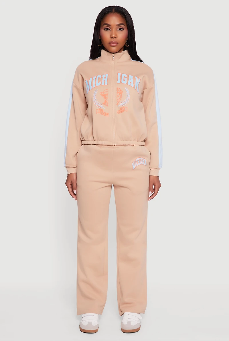 Womens Side Stripe Zip Front Graphic Sweatshirt, Beige, Size S