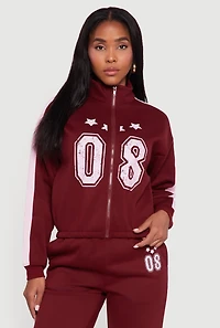 Womens Side Stripe Zip Front Graphic Sweatshirt, Burgundy, Size S