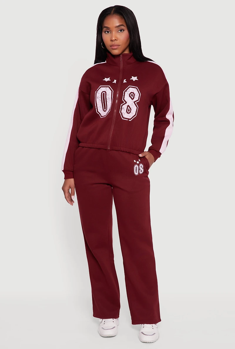 Womens Side Stripe Zip Front Graphic Sweatshirt, Burgundy, Size S