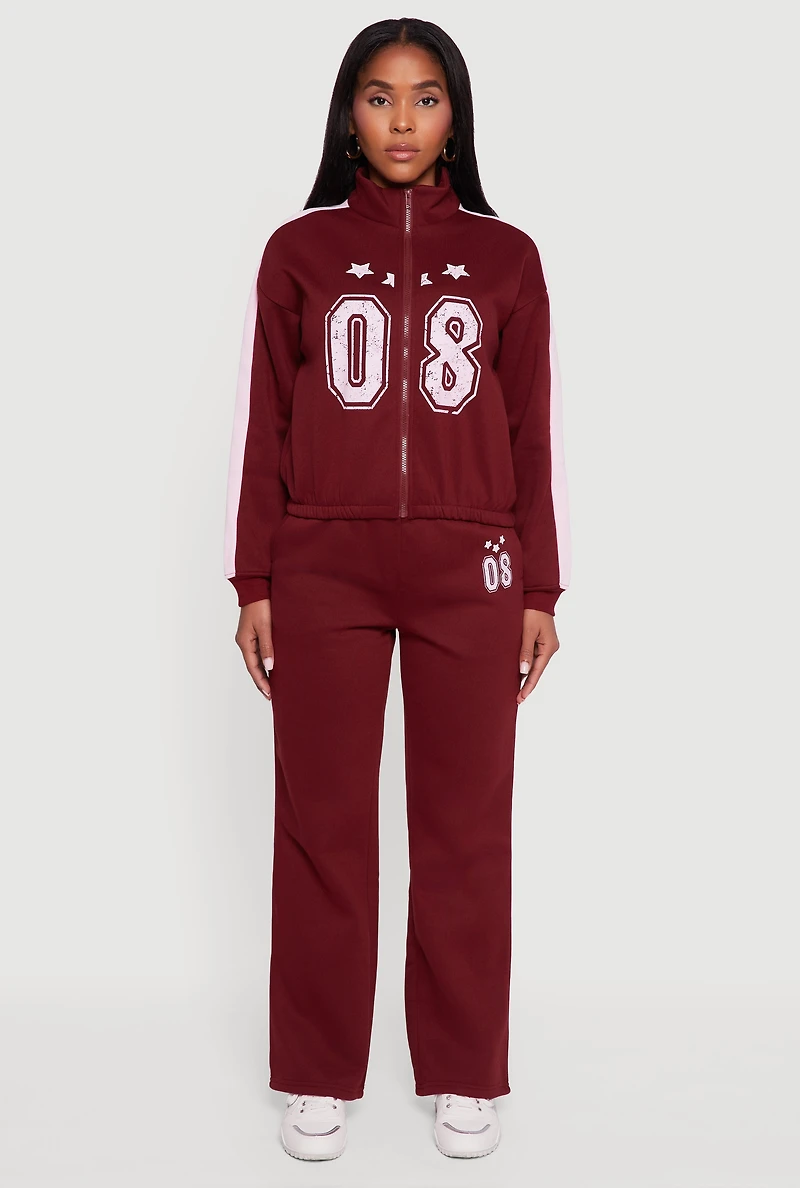 Womens Side Stripe Zip Front Graphic Sweatshirt, Burgundy, Size M