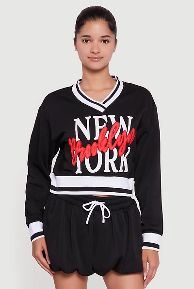 Womens Graphic Print Contrast Trim Crop Sweatshirt, Black, Size L