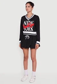 Womens Graphic Print Contrast Trim Crop Sweatshirt, Black, Size L