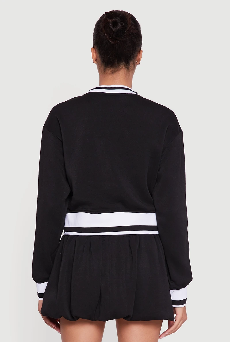 Womens Graphic Print Contrast Trim Crop Sweatshirt, Black, Size L