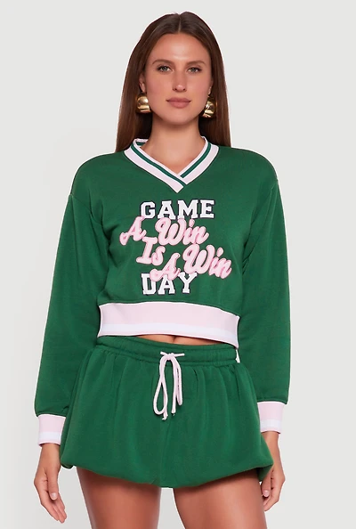 Womens Graphic Print Contrast Trim Crop Sweatshirt, Green,