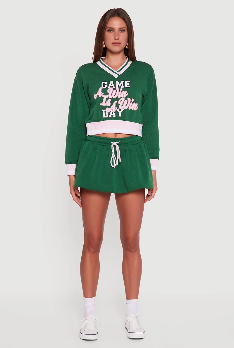 Womens Graphic Print Contrast Trim Crop Sweatshirt, Green,