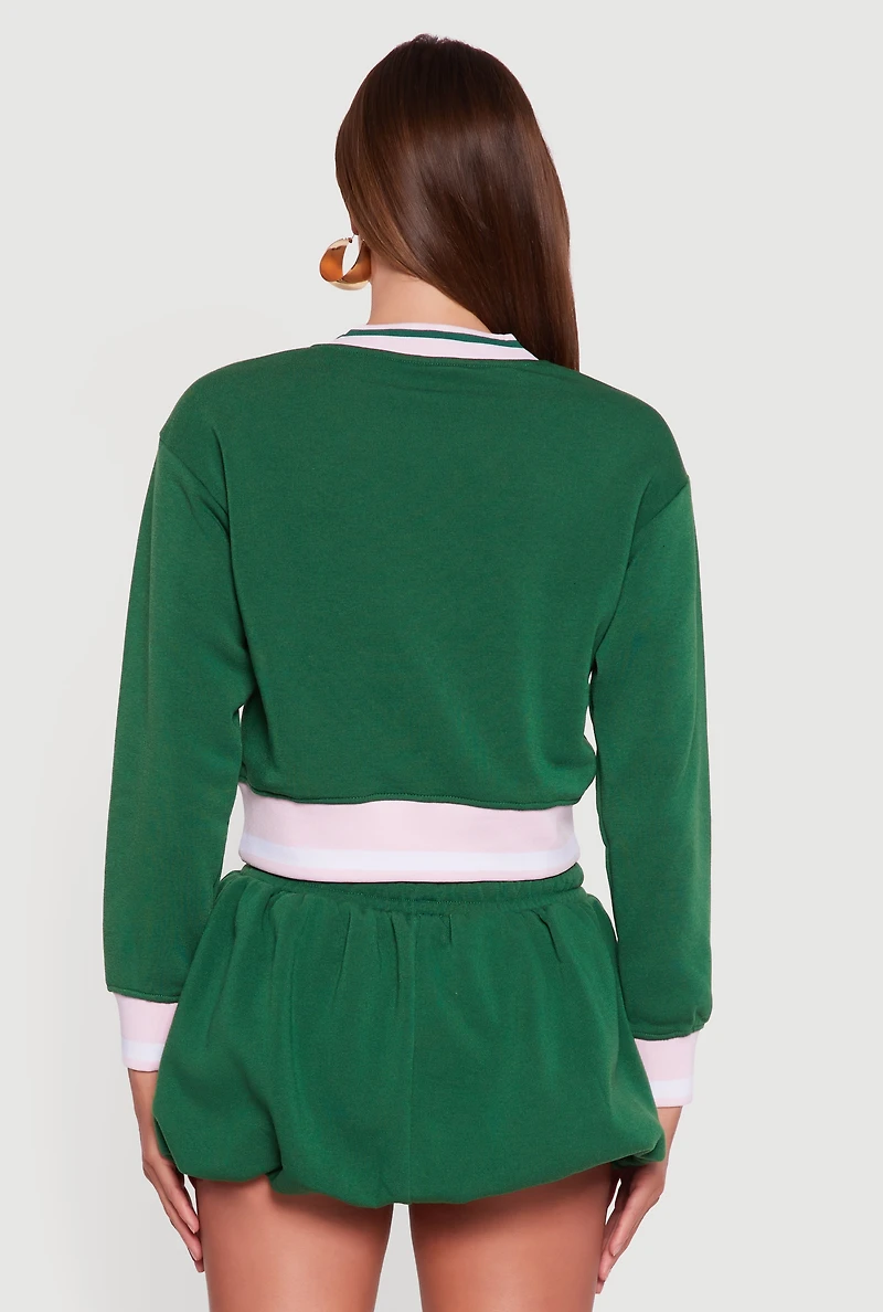 Womens Graphic Print Contrast Trim Crop Sweatshirt, Green,