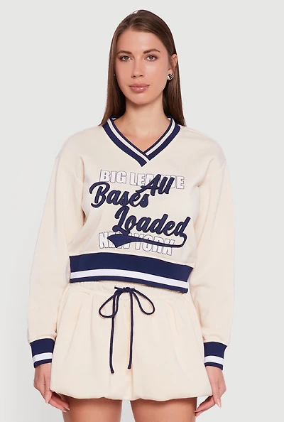 Womens Graphic Print Contrast Trim Crop Sweatshirt,