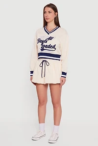 Womens Graphic Print Contrast Trim Crop Sweatshirt, Beige,