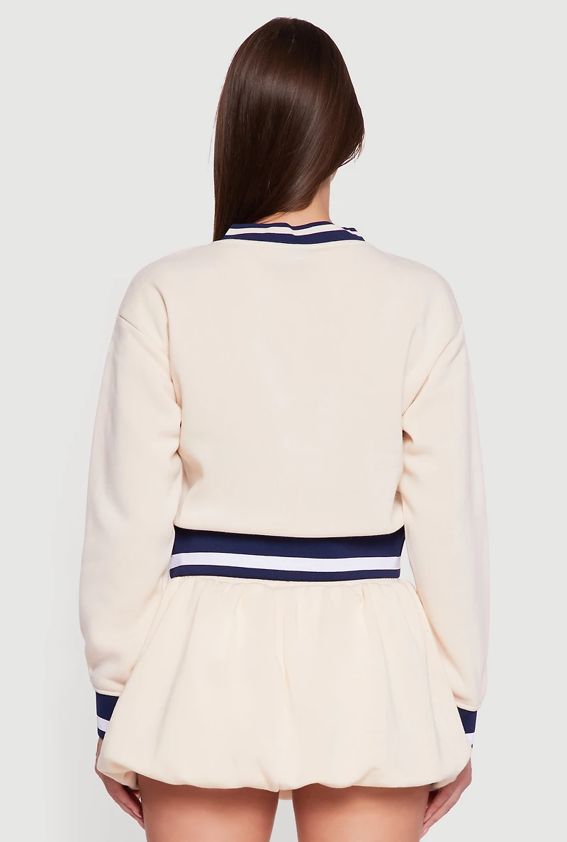 Womens Graphic Print Contrast Trim Crop Sweatshirt, Beige,