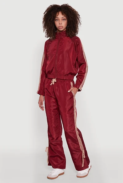Womens Nylon Bow Varsity Stripe Side Track Pants, Burgundy, Size M