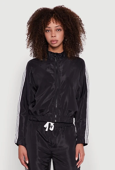 Womens Nylon Varsity Stripe Zip Front Track Jacket,