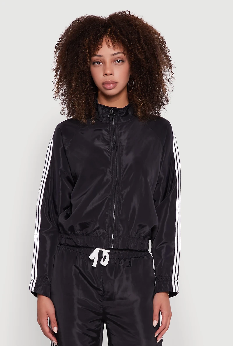 Womens Nylon Varsity Stripe Zip Front Track Jacket,