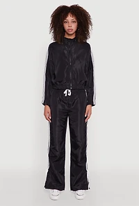 Womens Nylon Varsity Stripe Zip Front Track Jacket,