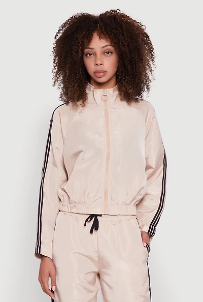 Womens Nylon Varsity Stripe Zip Front Track Jacket,