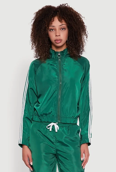 Womens Nylon Varsity Stripe Zip Front Track Jacket, Green, Size S