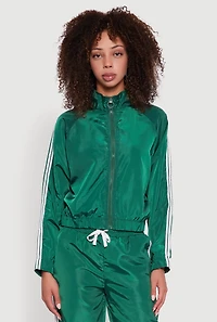 Womens Nylon Varsity Stripe Zip Front Track Jacket, Green, Size S