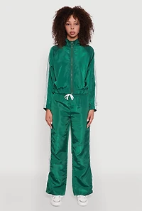 Womens Nylon Varsity Stripe Zip Front Track Jacket, Green, Size S