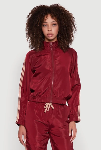 Womens Nylon Varsity Stripe Zip Front Track Jacket, Burgundy, Size S