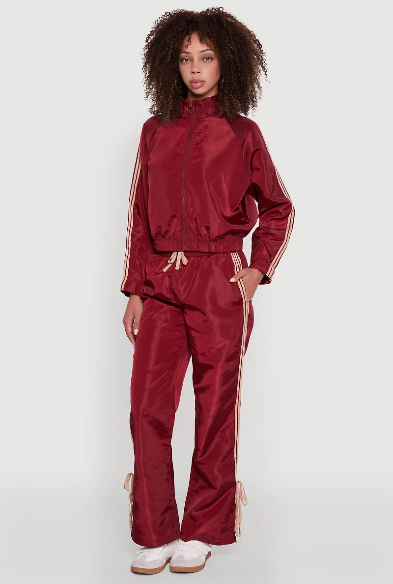 Womens Nylon Varsity Stripe Zip Front Track Jacket, Burgundy, Size S