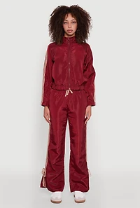 Womens Nylon Varsity Stripe Zip Front Track Jacket, Burgundy, Size S