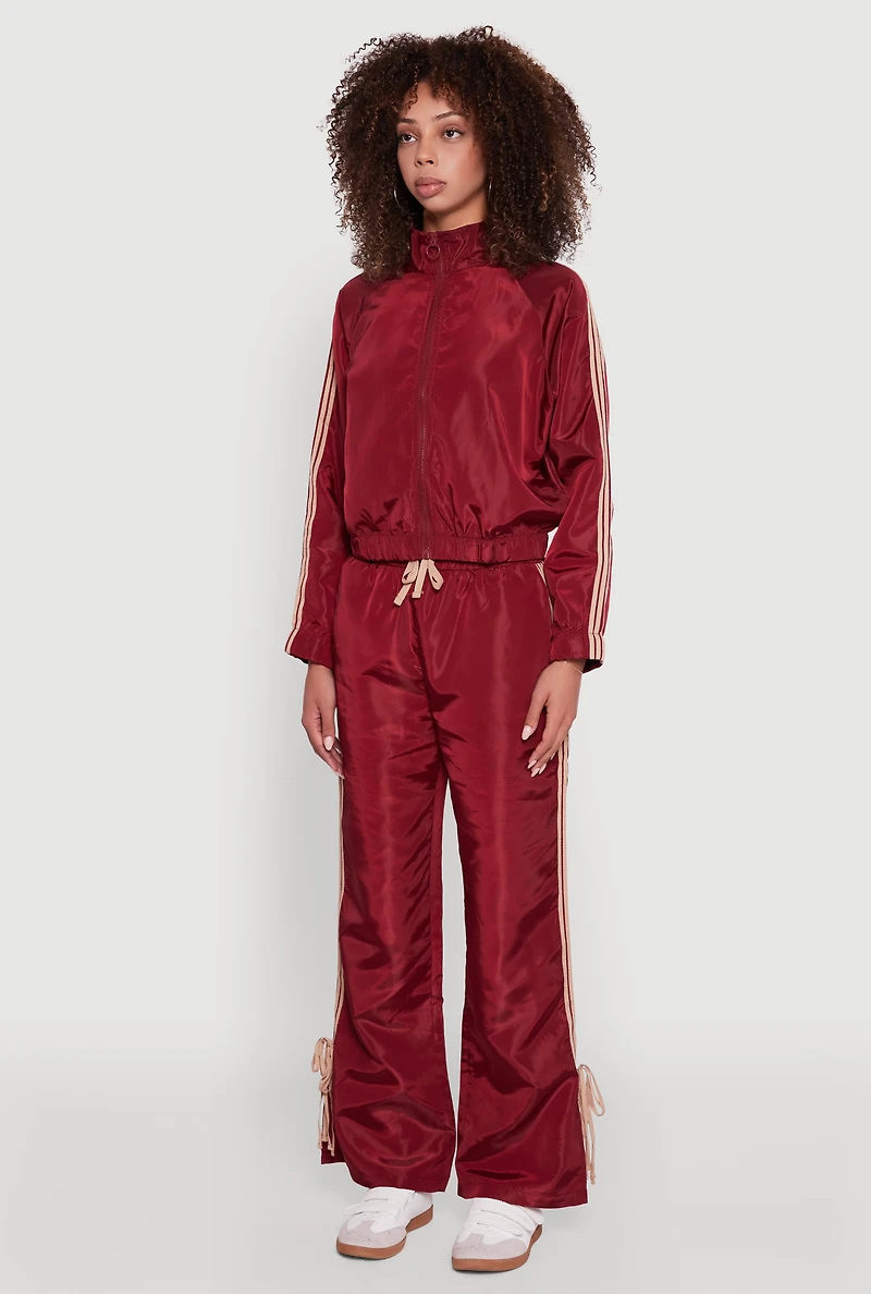 Womens Nylon Varsity Stripe Zip Front Track Jacket, Burgundy, Size S