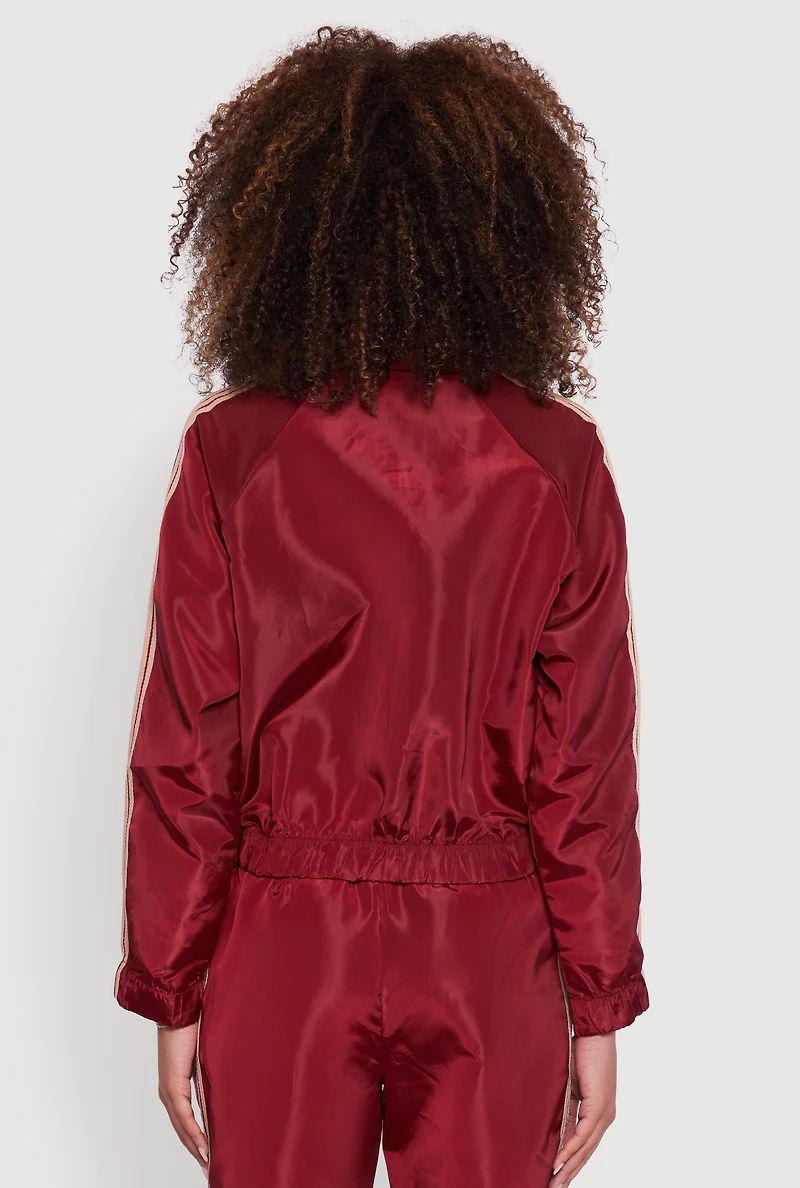 Womens Nylon Varsity Stripe Zip Front Track Jacket, Burgundy, Size S
