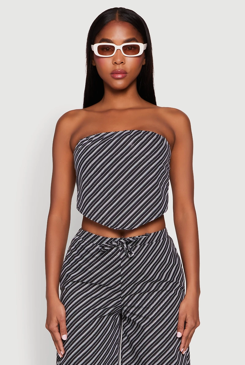 Womens Cropped Pinstripe Tube Top, Grey, Size L