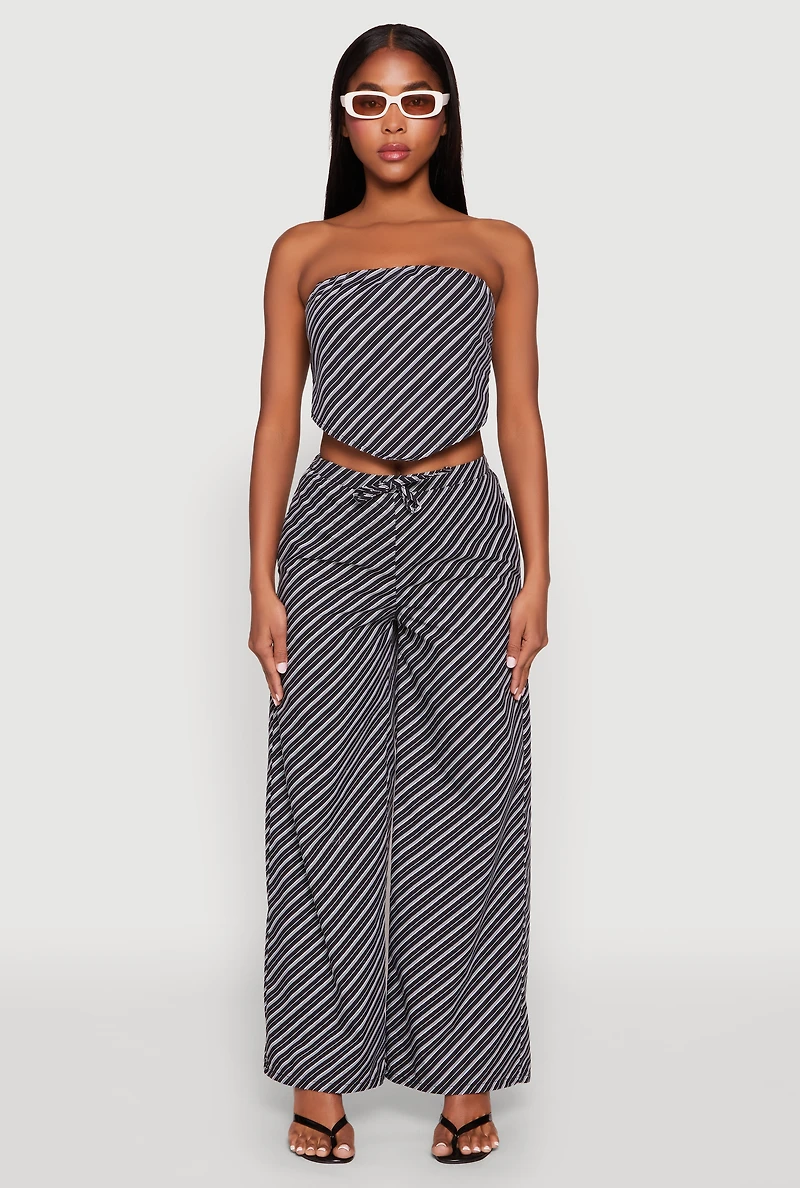 Womens Cropped Pinstripe Tube Top, Grey, Size L