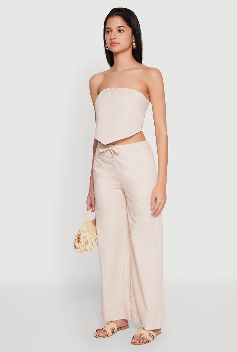 Womens Cropped Pinstripe Tube Top, Beige, Size S
