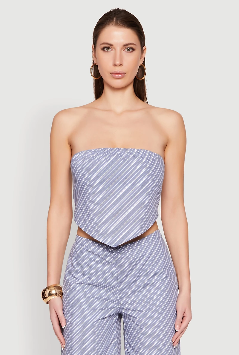 Womens Cropped Pinstripe Tube Top, Blue, Size M