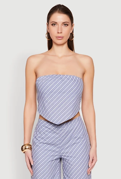 Womens Cropped Pinstripe Tube Top, Blue, Size M