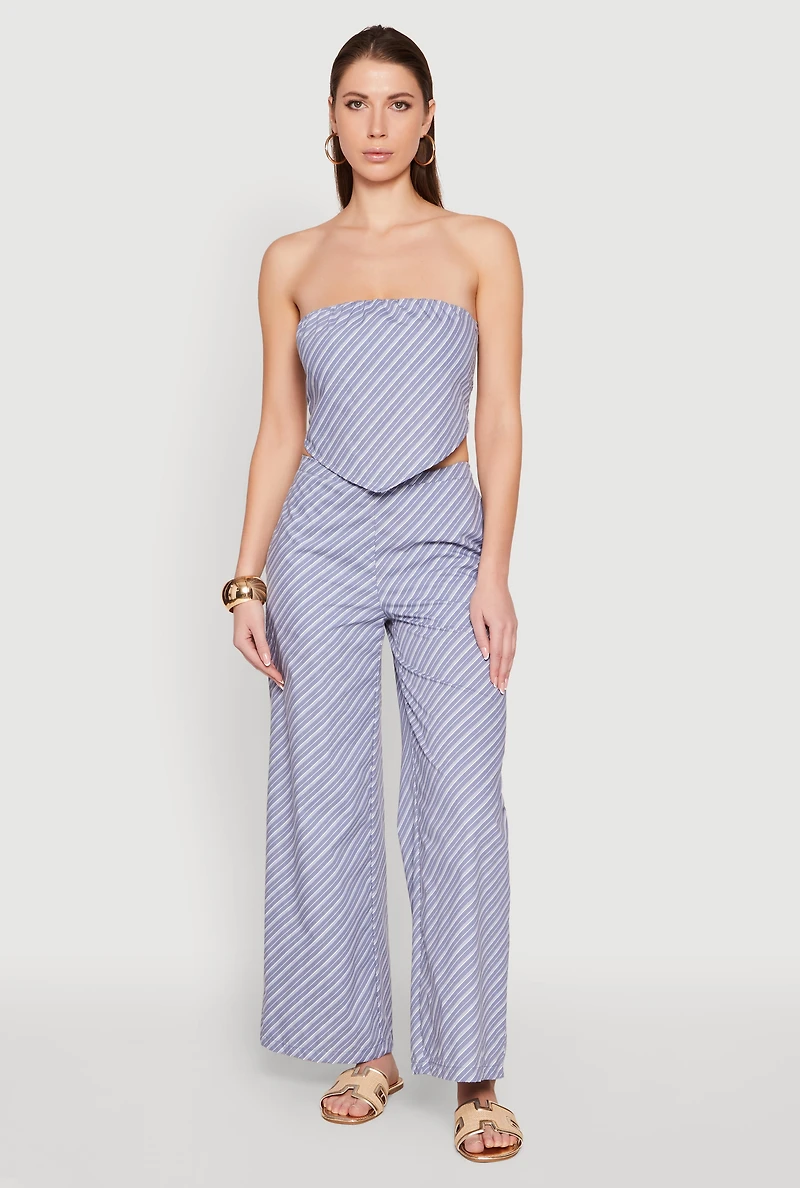 Womens Cropped Pinstripe Tube Top, Blue, Size S