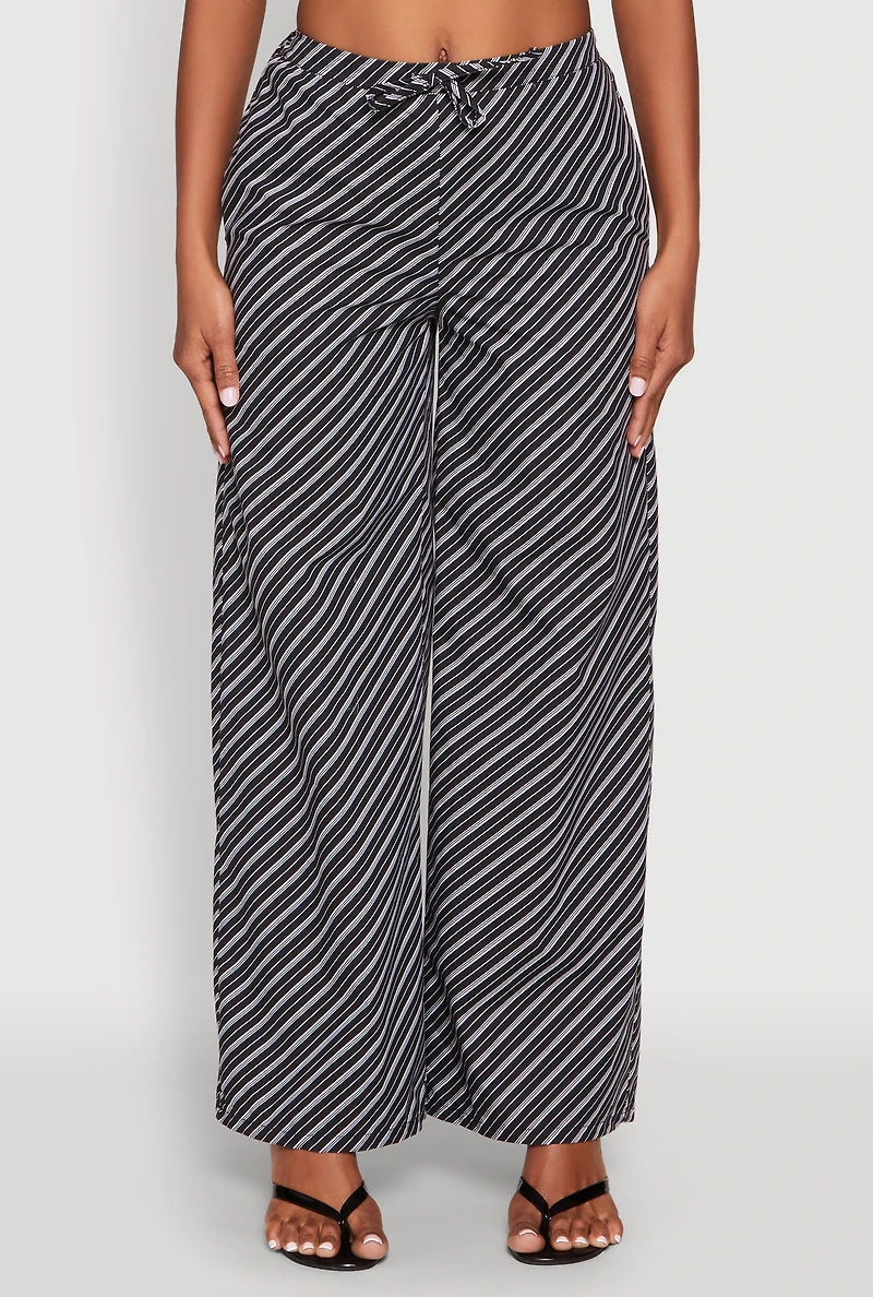Womens High Waisted Pinstripe Wide Leg Pants, Black, Size S