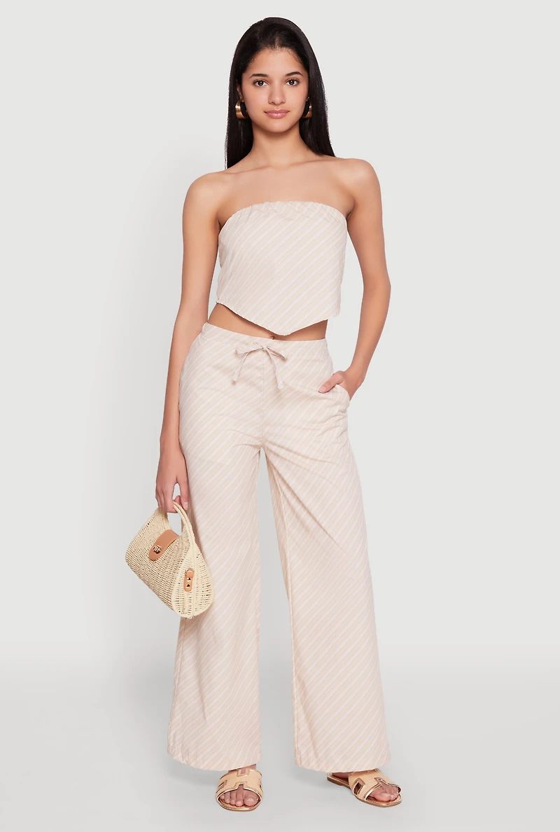 Womens High Waisted Pinstripe Wide Leg Pants, Khaki, Size M