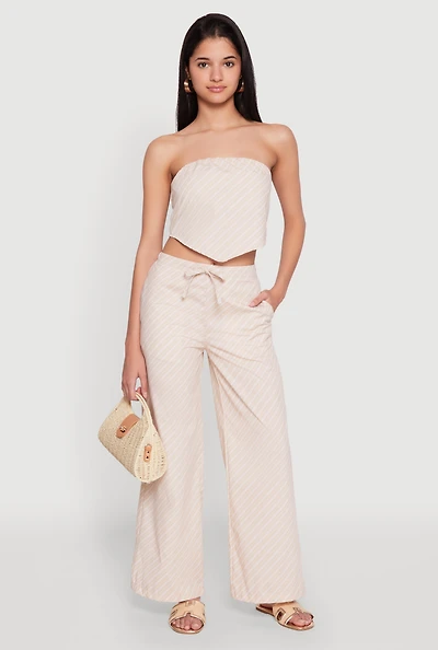 Womens High Waisted Pinstripe Wide Leg Pants, Khaki, Size M