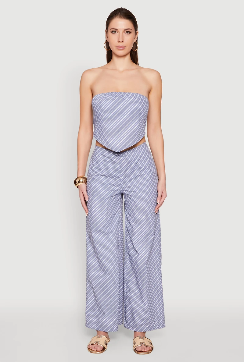 Womens High Waisted Pinstripe Wide Leg Pants, Blue, Size L