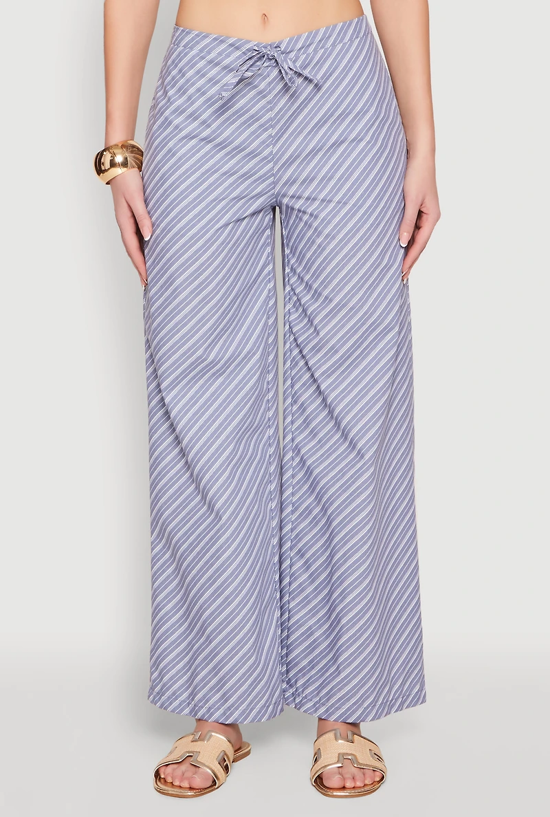Womens High Waisted Pinstripe Wide Leg Pants, Blue, Size L