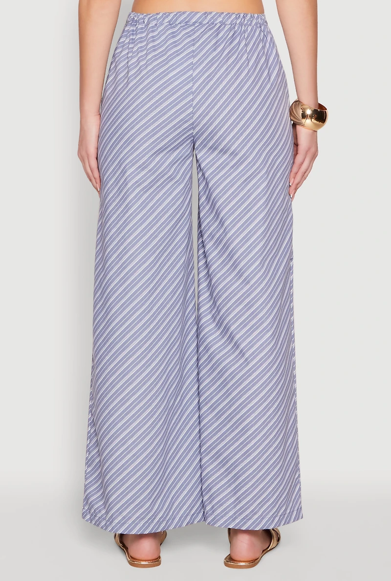 Womens High Waisted Pinstripe Wide Leg Pants, Blue, Size L